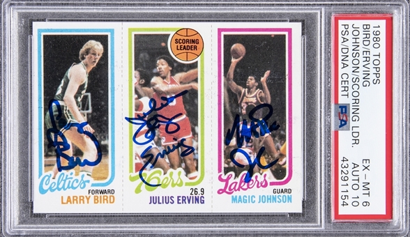 1980-81 Topps Larry Bird, Julius Erving and Magic Johnson Rookie Card – Signed by All Three Hall of Famers! – PSA EX-MT 6, PSA/DNA Authentic Signatures